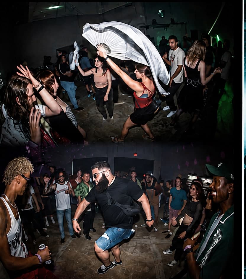 Crowd dancing at a House Revival Project event, one dancer holding up a fan