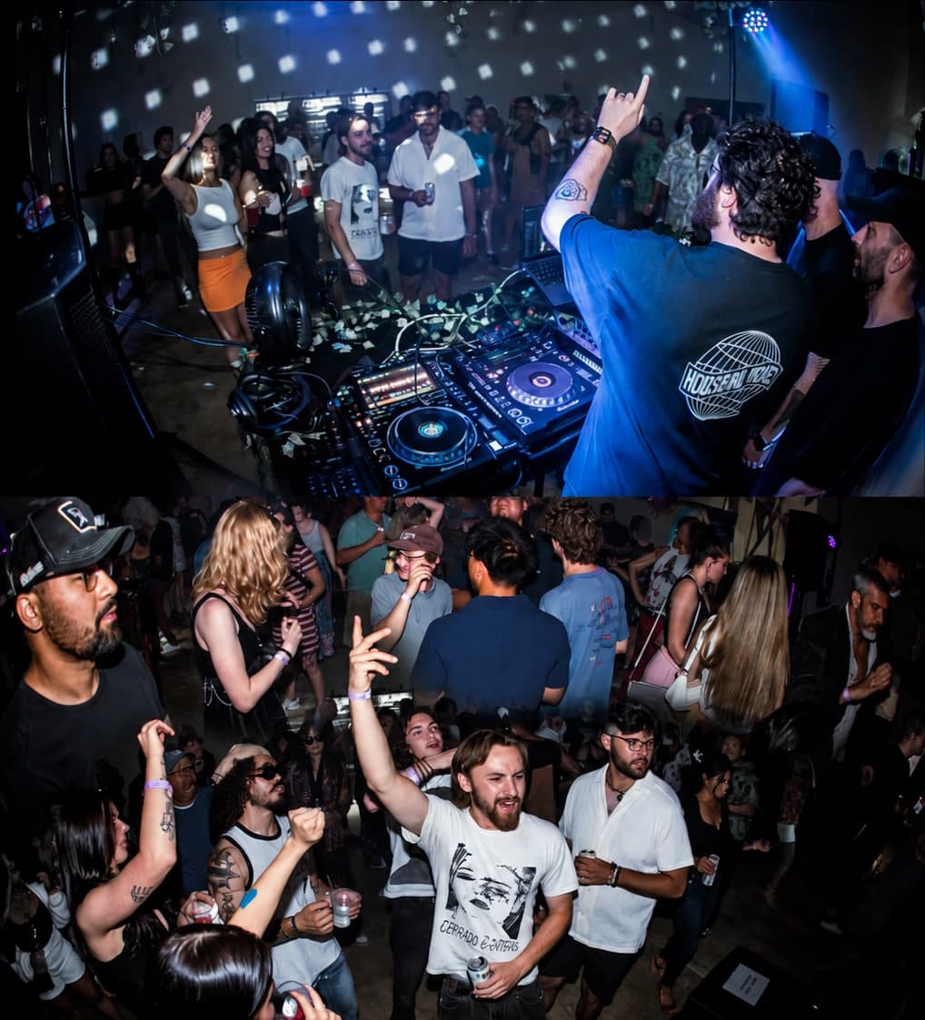 House Revival Project DJ set and crowd, shown alongside a packed dance floor at a House Revival Project event